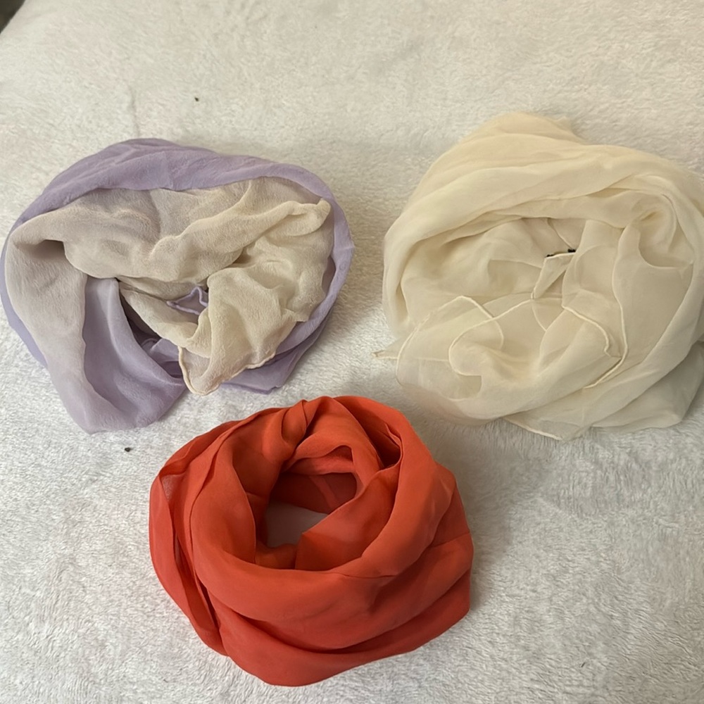 3 vintage 1970s scarves - purple/white ombré, orange, white/cream